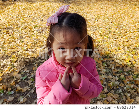 A child with a cute expression on fallen leaves A child with a cute expression on fallen leaves 69622314