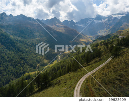Aerial top view on scenic curvy mountain pass road to the Timmelsjoch at the border of Italy and Austria in the Alps 69622609