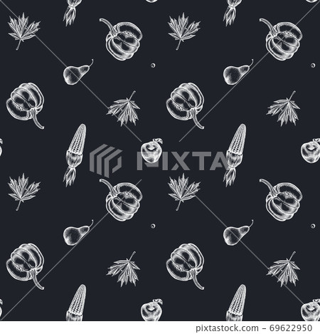 Seamless pattern with hand drawn chalk pumpkin, pears, corn, apples, rowan, maple Seamless pattern with hand drawn chalk pumpkin, pears, corn, apples, rowan, maple 69622950
