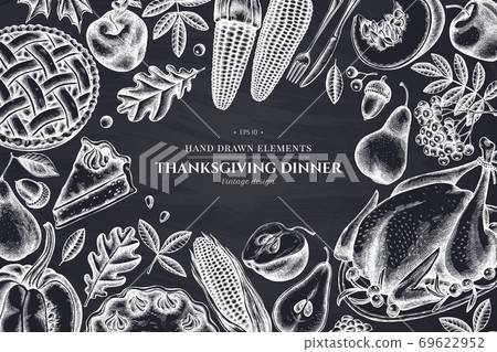 Monochrome design with chalk pumpkin, fork, knife, pears, turkey, pumpkin pie, apple pie, corn Monochrome design with chalk pumpkin, fork, knife, pears, turkey, pumpkin pie, apple pie, corn 69622952