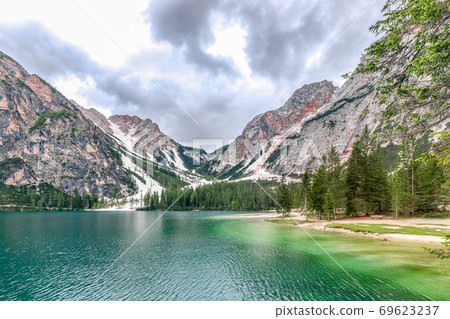 Stunning panoramic view of the most beautiful Lake Braies in the Italian Alps 69623237