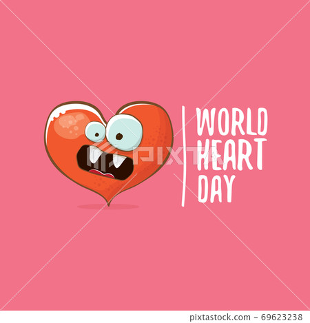 Vector world heart day card with funny cartoon heart character isolated on pink background. Conceptual heart day comic funky kids poster or banner with funky heart 69623238