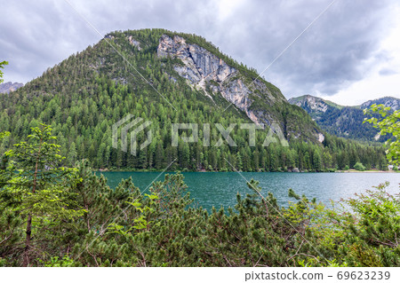 View of the evening Braies lake in the Italian Alps 69623239