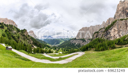 Panoramic view of the scenic road through the pass between Val Gardena and Val Badia 69623249
