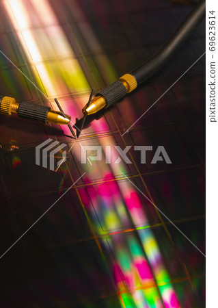 Manual probe system with needles for test of semiconductor on silicon wafer. Selective focus. 69623614