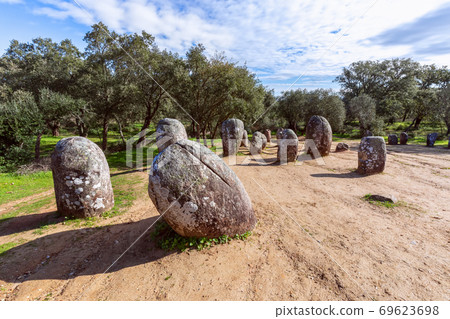View of the megalithic complex Almendres Cromlech (Cromelelique dos Almendres) Evora View of the megalithic complex Almendres Cromlech (Cromelelique dos Almendres) Evora 69623698