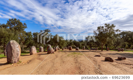 Panoramic view of the megalithic complex Almendres Cromlech (Cromelelique dos Almendres) Evora Panoramic view of the megalithic complex Almendres Cromlech (Cromelelique dos Almendres) Evora 69623699