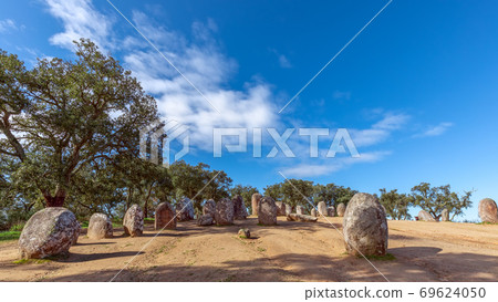 Panoramic view of the megalithic complex Almendres Cromlech (Cromelelique dos Almendres) Evora Panoramic view of the megalithic complex Almendres Cromlech (Cromelelique dos Almendres) Evora 69624050