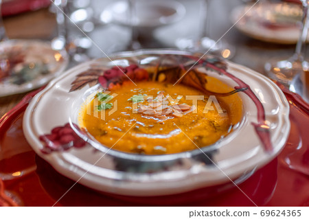 Classic Portuguese Pumpkin Soup. Portuguese recipes (Selective focus) Classic Portuguese Pumpkin Soup. Portuguese recipes (Selective focus) 69624365