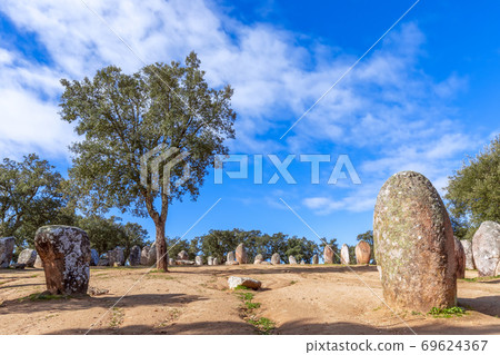 Panoramic view of the megalithic complex Almendres Cromlech (Cromelelique dos Almendres) Evora 69624367