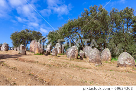 Panoramic view of the megalithic complex Almendres Cromlech (Cromelelique dos Almendres) Evora 69624368
