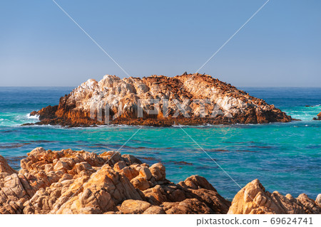 Beautiful sea view of Seal Rock Beach witn sea lions on the Seal Rock (Bright colours) Greek Beach 69624741