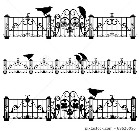 antique iron fence and gates with raven birds black vector silhouette set 69626056