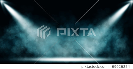Studio dark room with spot lighting and fog or mist in black background. 69626224