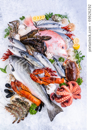 Fresh seafood on ice background. 69626292