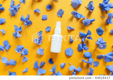 Top view and close-up of mockup of unbranded white plastic spray bottle and petals of blue hydrangea flowers on a textured bright orange yellow background. Natural organic spa cosmetics. Flatlay. Top view and close-up of mockup of unbranded white plastic spray bottle and petals of blue hydrangea flowers on a textured bright orange yellow background. Natural organic spa cosmetics. Flatlay. 69626417