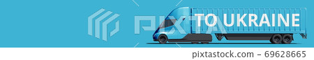 TO UKRAINE text on the side of the blue trailer truck. 3d rendering TO UKRAINE text on the side of the blue trailer truck. 3d rendering 69628665