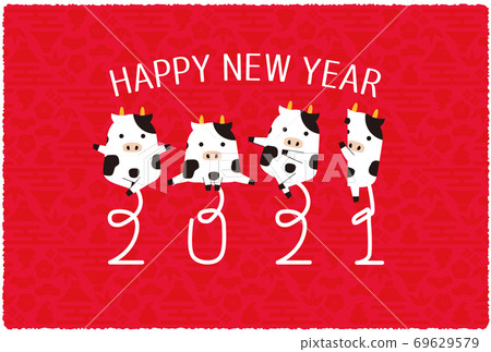 2021新年賀卡，四個姿勢，背景為紅色，新年快樂 69629579