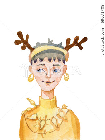 Girl and Christmas, Christmas cap, sweater, Santa's reindeer, watercolor illustration 69631708