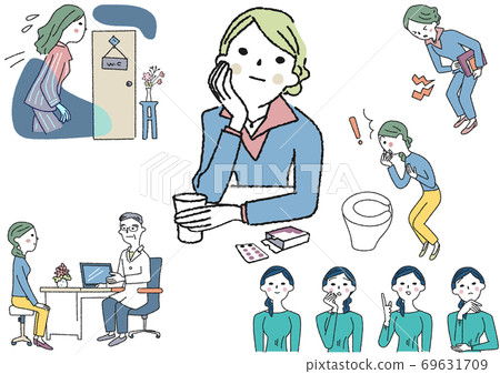 Illustration of a woman suffering from gynecological symptoms 69631709