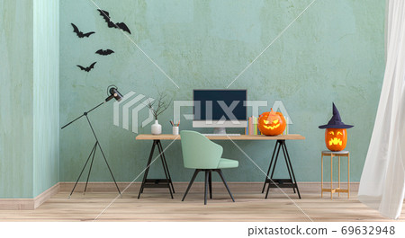 Halloween party interior living room with desktop computer and pumpkins. 3D render 69632948