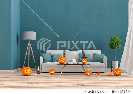 3D render Halloween party in living room with pumpkins, jack-o-lantern 69632949