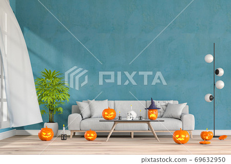 3D render Halloween party in living room with pumpkins, jack-o-lantern 3D render Halloween party in living room with pumpkins, jack-o-lantern 69632950