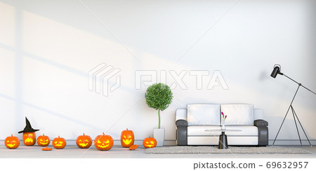 3D render Halloween party in living room with pumpkins, jack-o-lantern 69632957