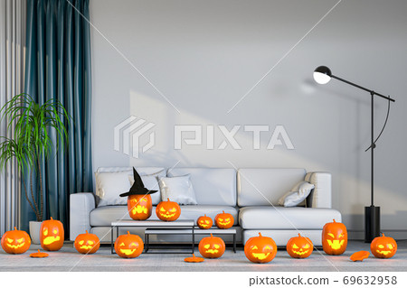3D render Halloween party in living room with pumpkins, jack-o-lantern 69632958