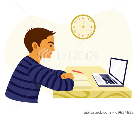 Boy is Learning at Home with the Online Learning Course by Himself. Boy is Learning at Home with the Online Learning Course by Himself. 69634632