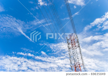 Red and white painted transmission tower and fictitious transmission line Red and white painted transmission tower and fictitious transmission line 69635849