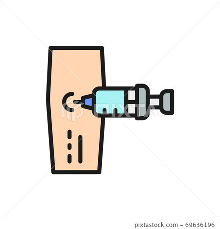 Vaccine injection, syringe in hand flat color line icon. 69636196