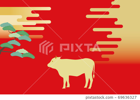 New Year's card illustration of cow silhouette and pine trees and clouds New Year's card illustration of cow silhouette and pine trees and clouds 69636327