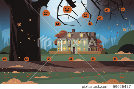 house decorated for halloween holiday celebration home building front view with pumpkins 69636457