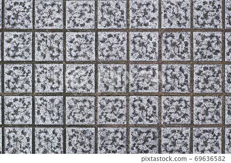 The dirt accumulated in the dents on the square stone surface laid on the sidewalk pavement creates the pattern. 69636582