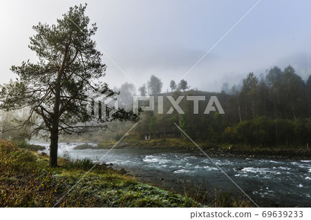 view of the mountain river in fog view of the mountain river in fog 69639233