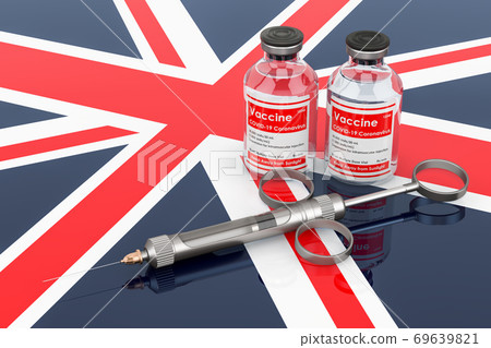 Vaccination in the United Kingdom concept. Vaccine bottles with syringe on the British flag, 3D rendering Vaccination in the United Kingdom concept. Vaccine bottles with syringe on the British flag, 3D rendering 69639821