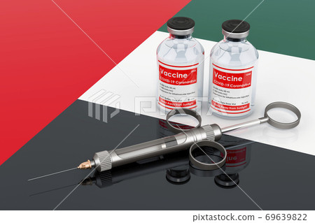 Vaccination in the UAE concept. Vaccine bottles with syringe on the United Arab Emirates flag, 3D rendering Vaccination in the UAE concept. Vaccine bottles with syringe on the United Arab Emirates flag, 3D rendering 69639822