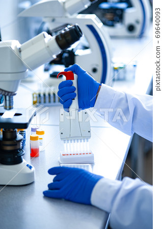 Variable volume multichannel pipette. Medical worker, scientist, laboratory assistant works in the laboratory Variable volume multichannel pipette. Medical worker, scientist, laboratory assistant works in the laboratory 69640093