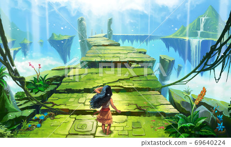 Magical island soars in the clouds. The road leading to the fairy tale. 69640224