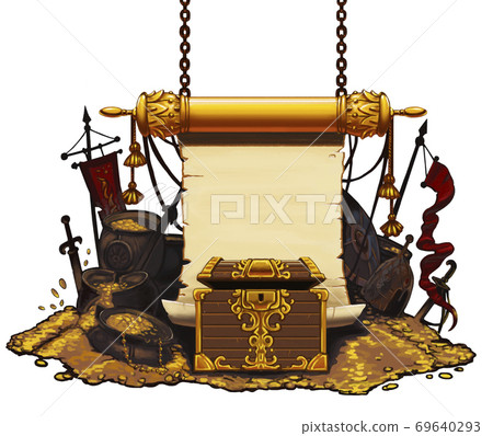 Gold treasure chest. Scroll on white. Big mountain of gold and weapons. vintage scroll logo. Gold treasure chest. Scroll on white. Big mountain of gold and weapons. vintage scroll logo. 69640293