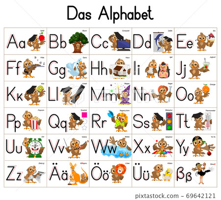 German deutsch ABC alphabet set cartoon letters with owl character 69642121