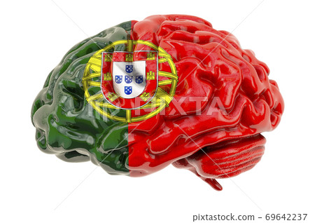 Human brain with Portuguese flag. Scientific research and education in Portugal concept, 3D rendering 69642237