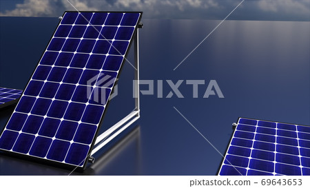 Row of solar batteries on a matte surface against the sky, 3d rendering. Computer generated ecological background. Row of solar batteries on a matte surface against the sky, 3d rendering. Computer generated ecological background. 69643653