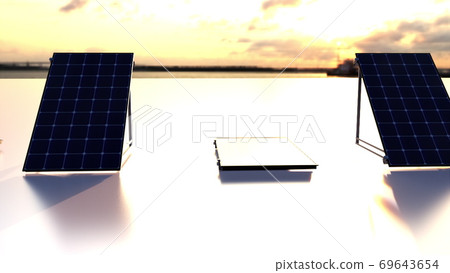Row of solar batteries on a matte surface against the sky, 3d rendering. Computer generated ecological background. Row of solar batteries on a matte surface against the sky, 3d rendering. Computer generated ecological background. 69643654