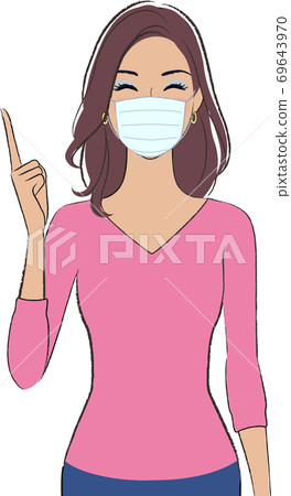 Illustration of a woman wearing a mask and explaining 69643970