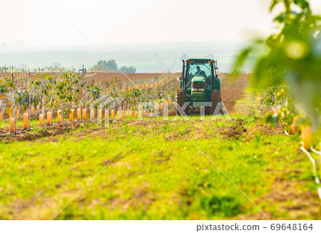 tractor cultivates agricultural land 69648164
