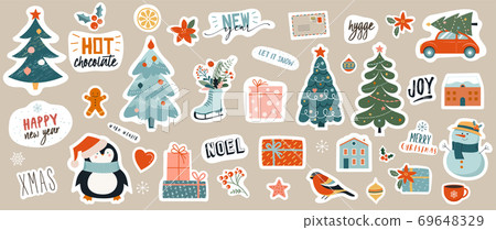 Collection of Christmas decorations, holiday gifts, winter knitted woolen clothes, ginger bread 69648329