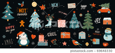 Collection of Christmas decorations, holiday gifts, winter knitted woolen clothes, ginger bread 69648330
