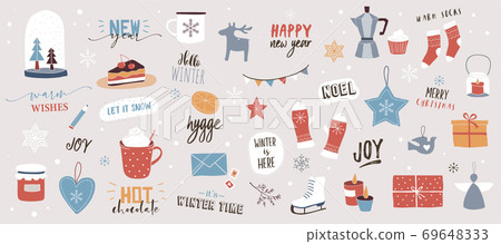 Collection of Christmas decorations, holiday gifts, winter knitted woolen clothes, ginger bread Collection of Christmas decorations, holiday gifts, winter knitted woolen clothes, ginger bread 69648333